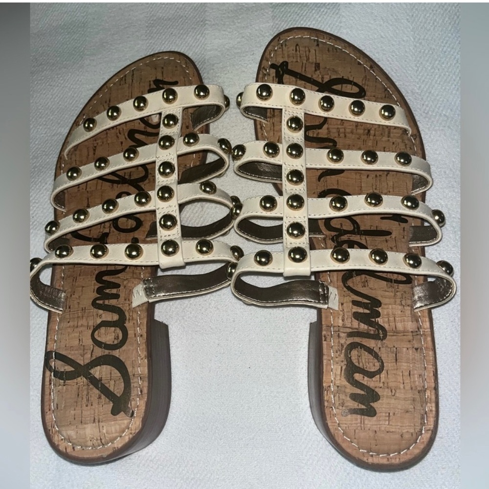 NEW, Sam Edelman Sandals, Cream Color  with Gold Studs, Size 9 W, Leather Upper